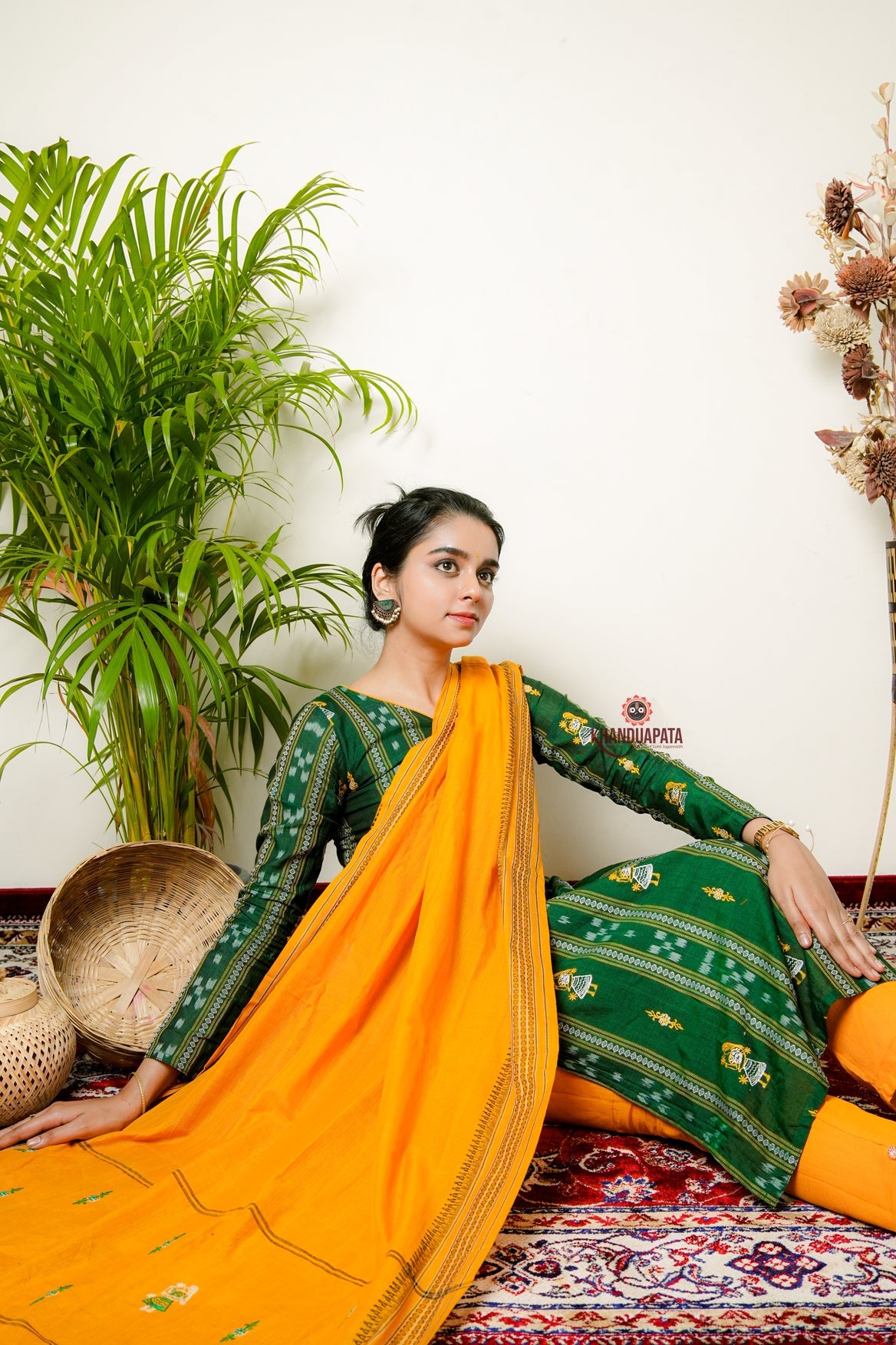 Green & Yellow Design Unstitched Suit For Women