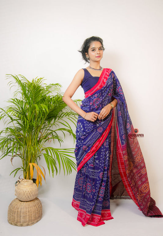 Blue And Red Flower Design Cotton Saree For Women