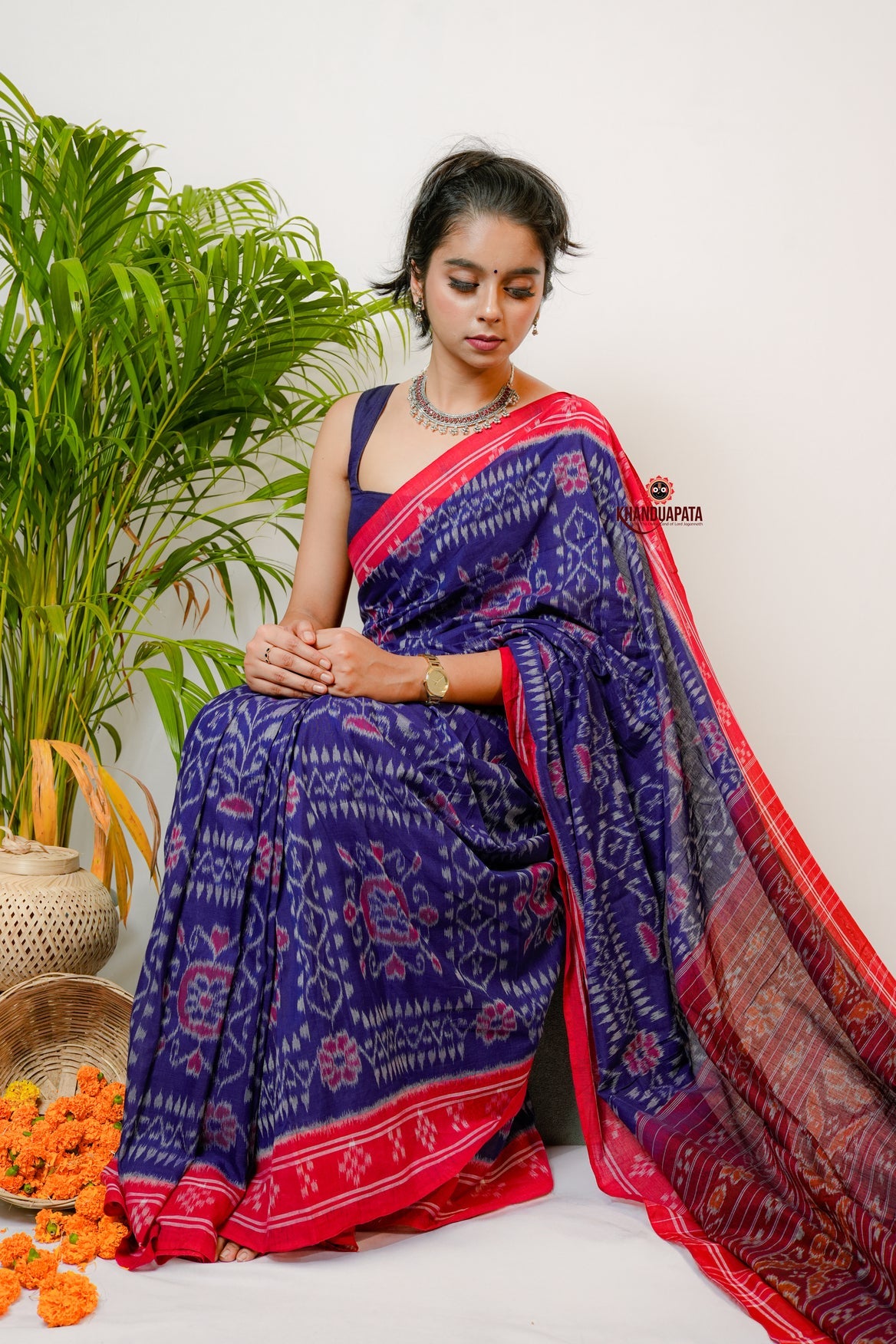 Blue And Red Flower Design Cotton Saree For Women