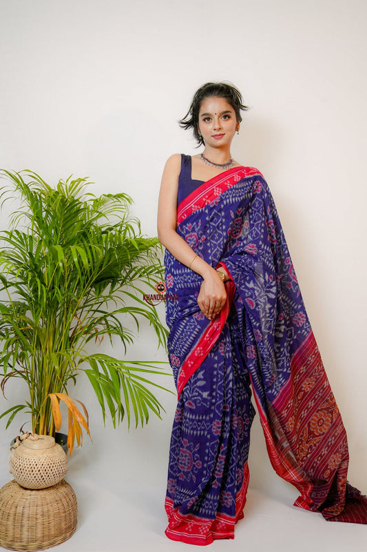 Blue And Red Flower Design Cotton Saree For Women