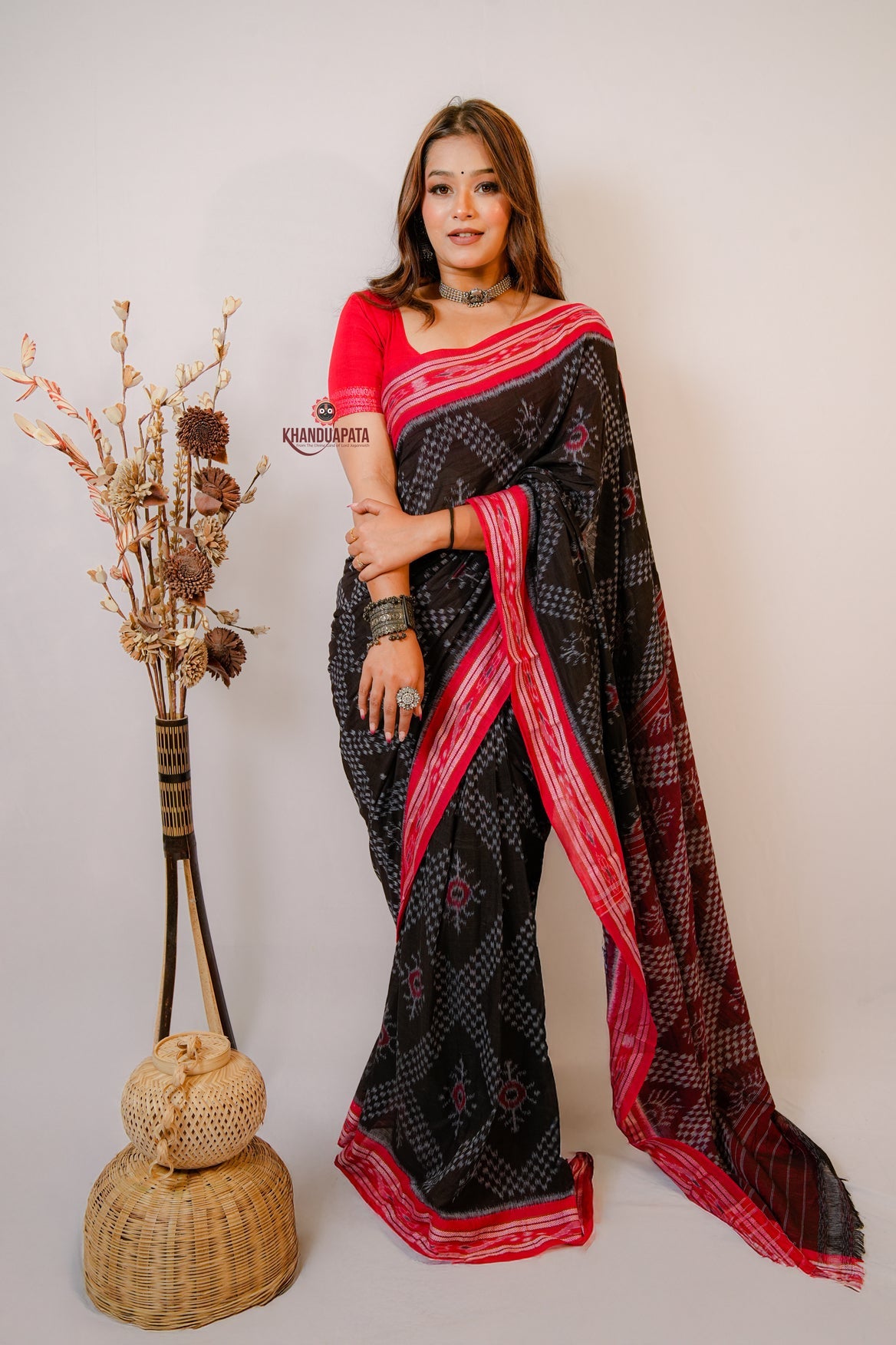 Black & Red Star Design Cotton Saree For Women