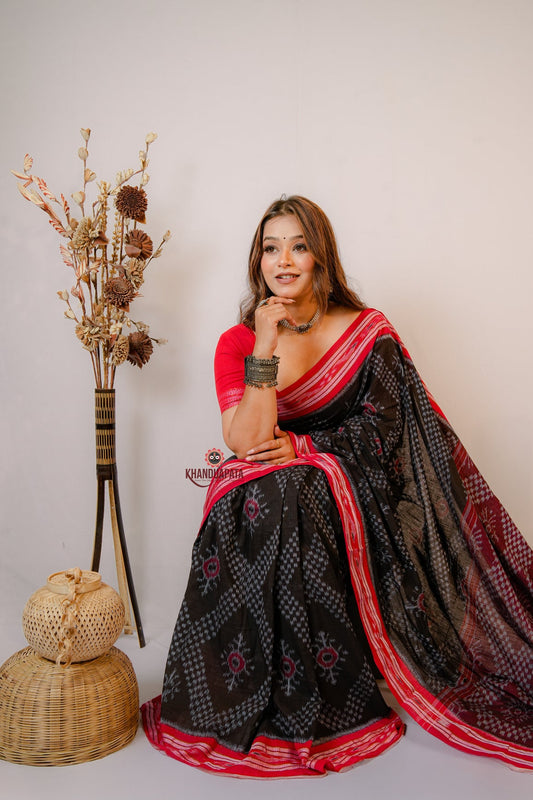 Black & Red Star Design Cotton Saree For Women