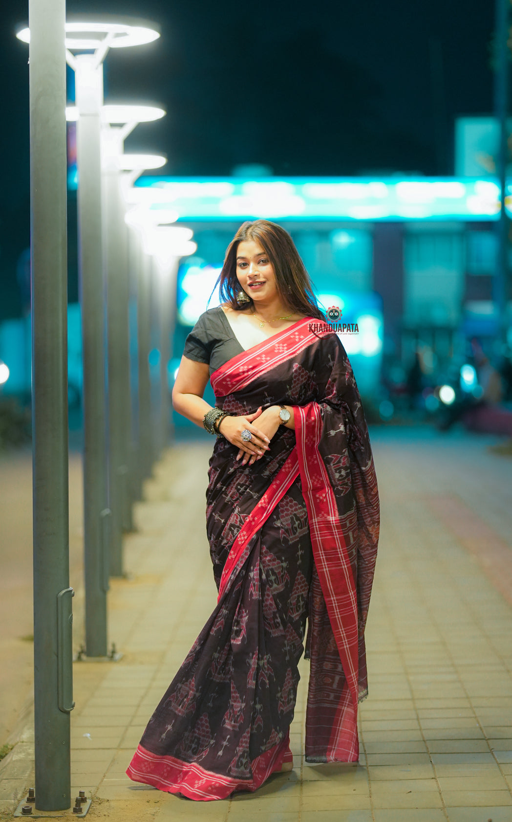 Deep Brown Tree Design Cotton Saree For Women