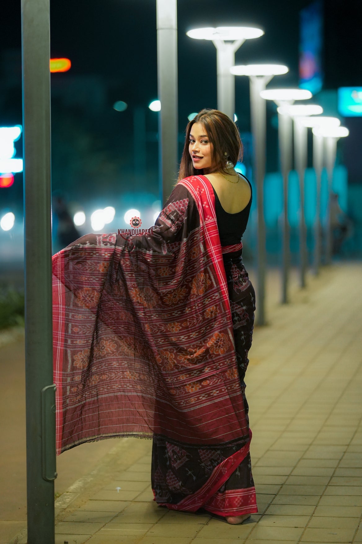 Deep Brown Tree Design Cotton Saree For Women