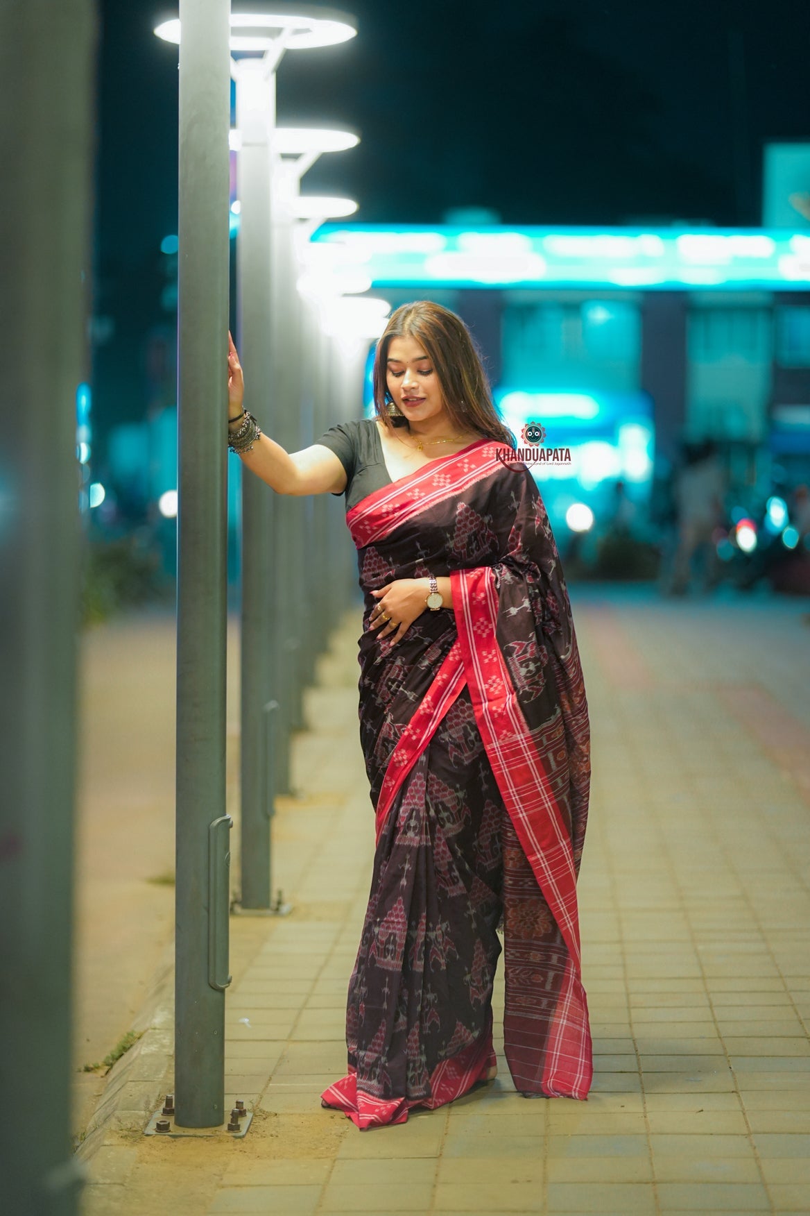 Deep Brown Tree Design Cotton Saree For Women