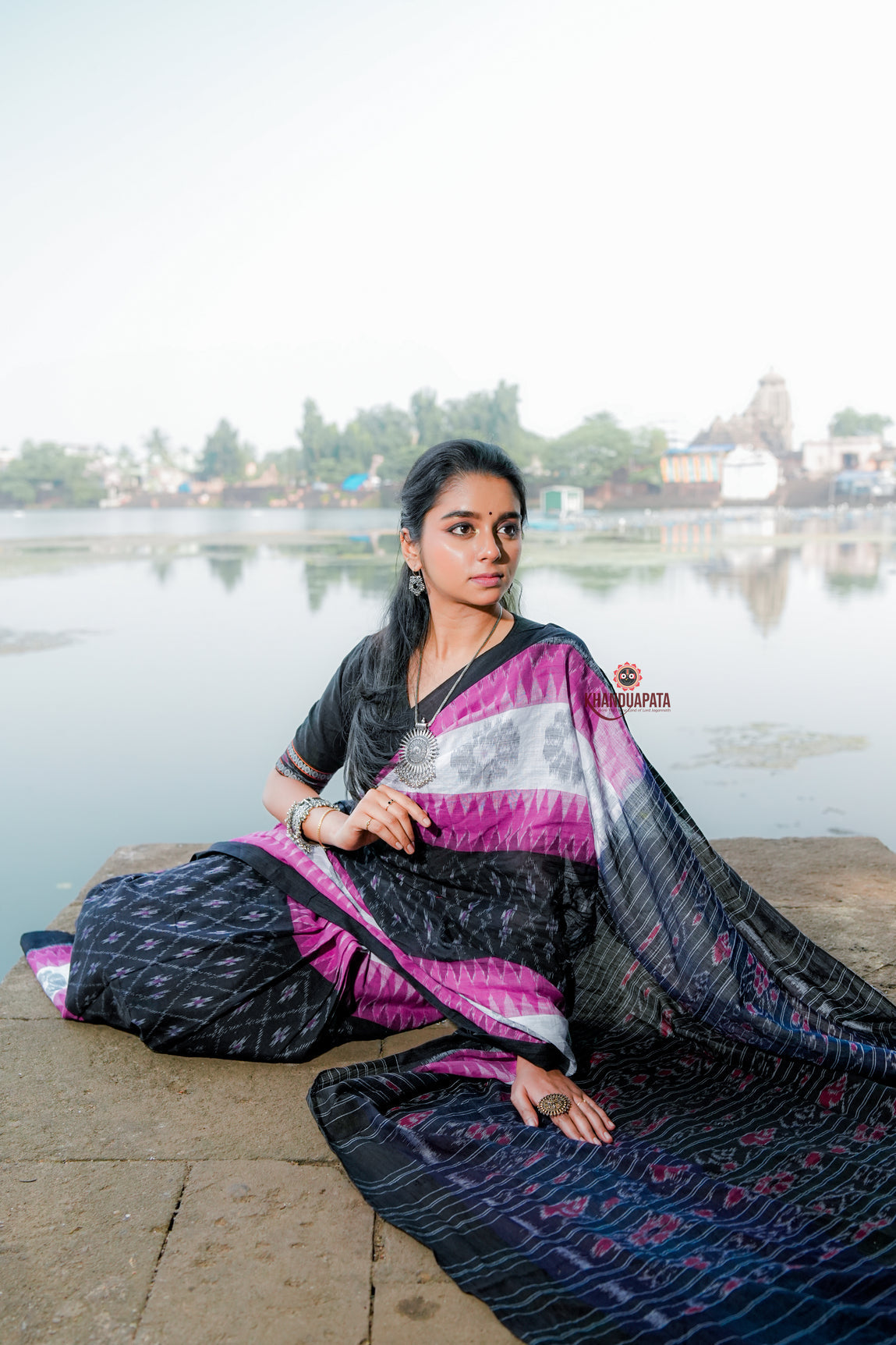 Pink & Black Design Cotton Saree For Women