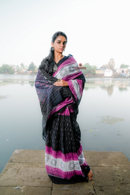 Pink & Black Design Cotton Saree For Women