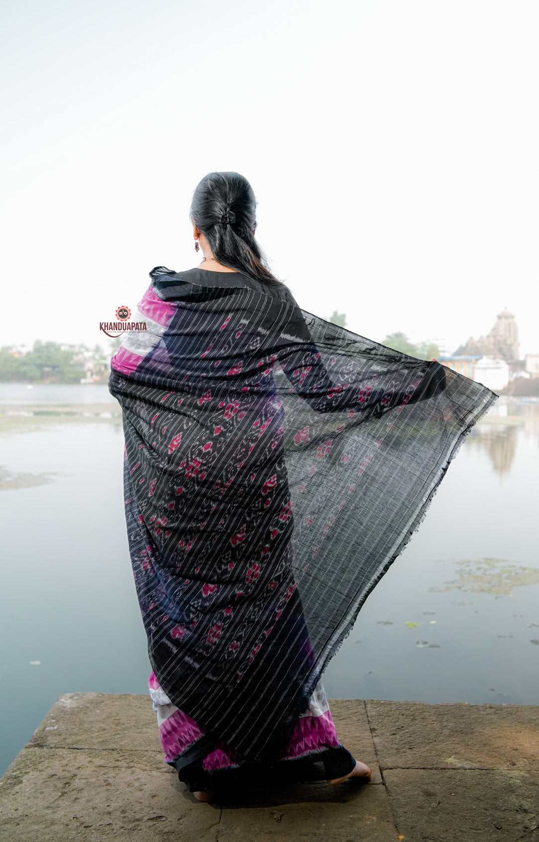Pink & Black Design Cotton Saree For Women
