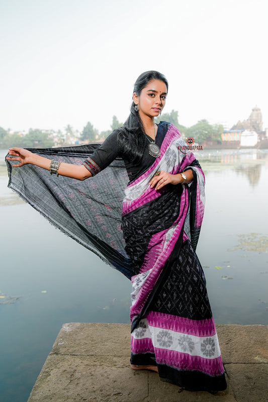 Pink & Black Design Cotton Saree For Women