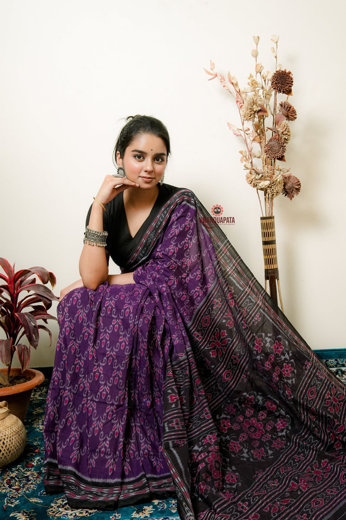 Purple Flower Design Cotton Saree For Women