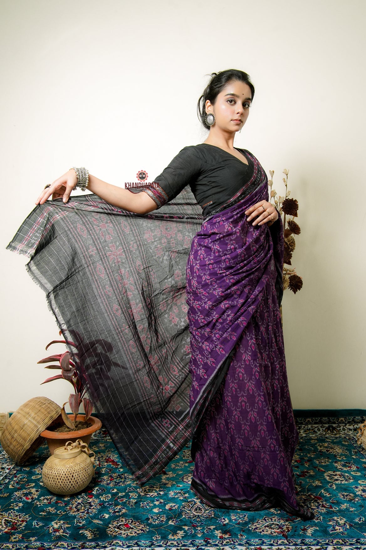 Purple Flower Design Cotton Saree For Women