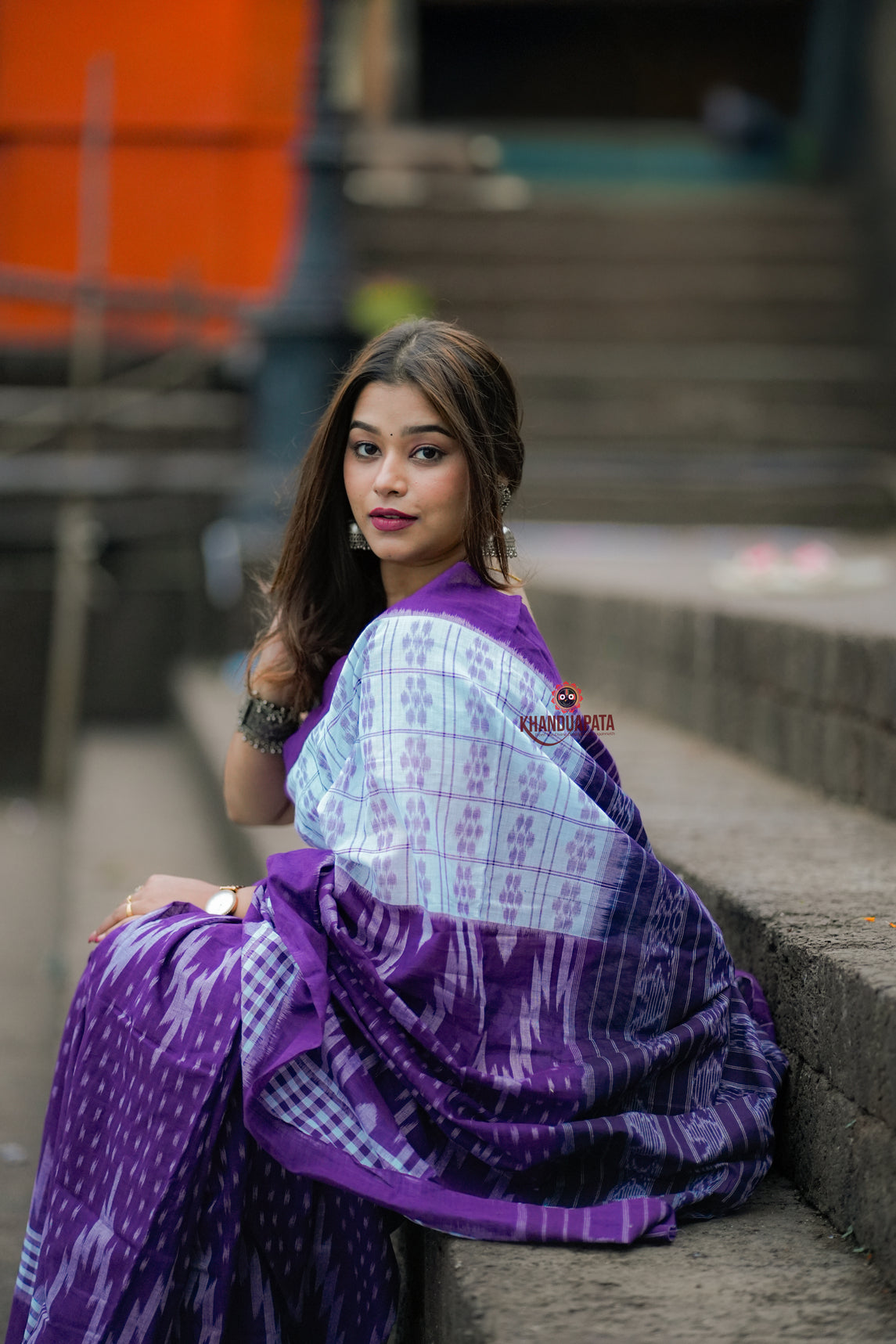 White & Purple Design Cotton Saree For Women