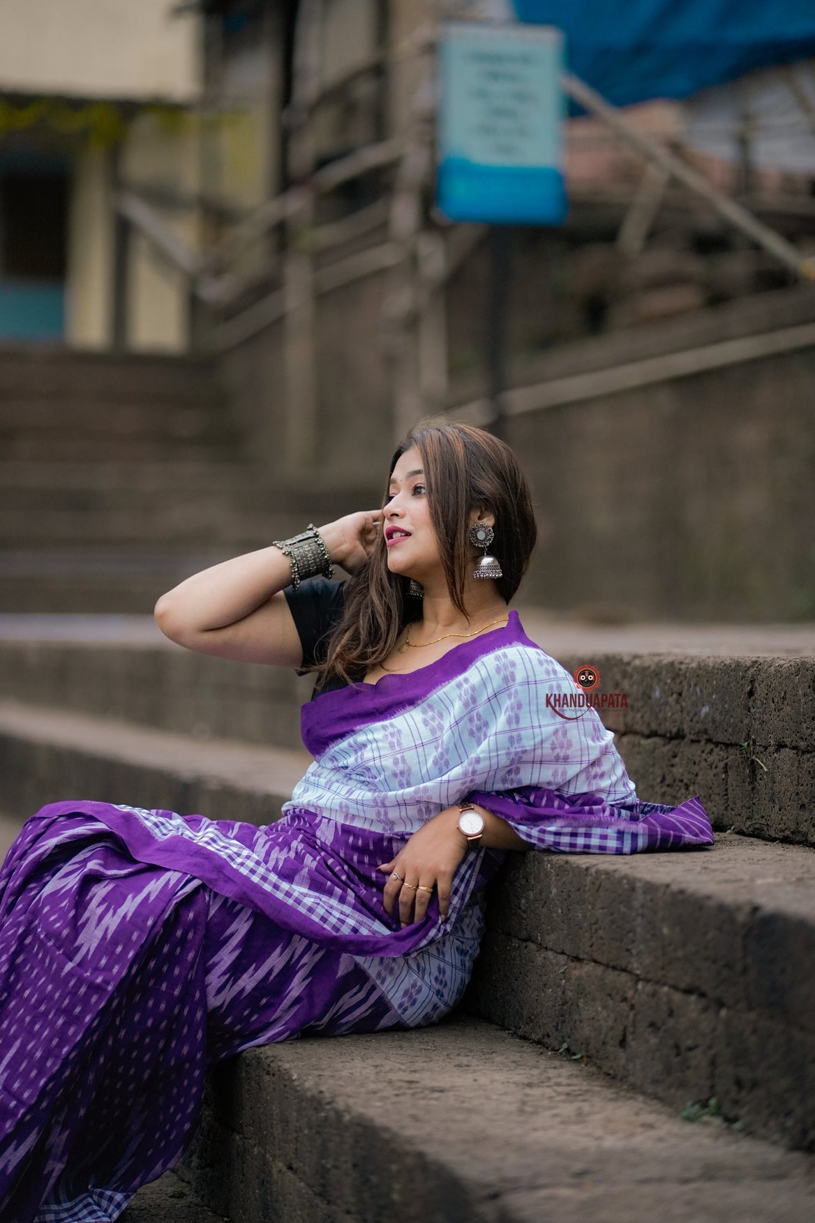 White & Purple Design Cotton Saree For Women