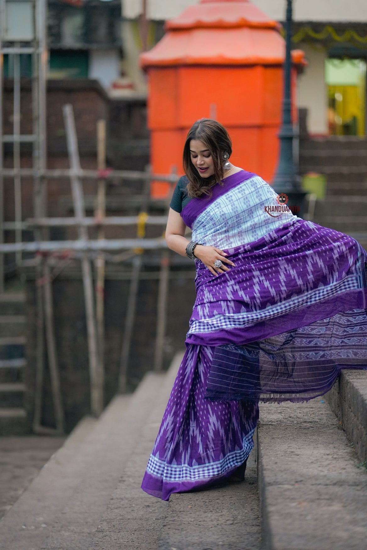 White & Purple Design Cotton Saree For Women