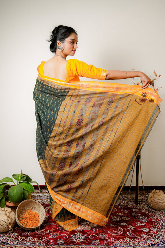 Yellow & Mehndi Design Cotton Saree For Women