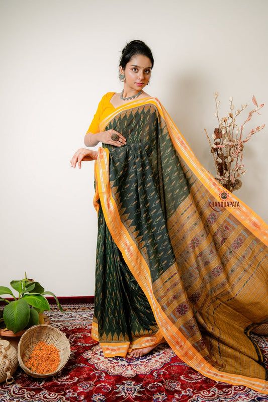 Yellow & Mehndi Design Cotton Saree For Women