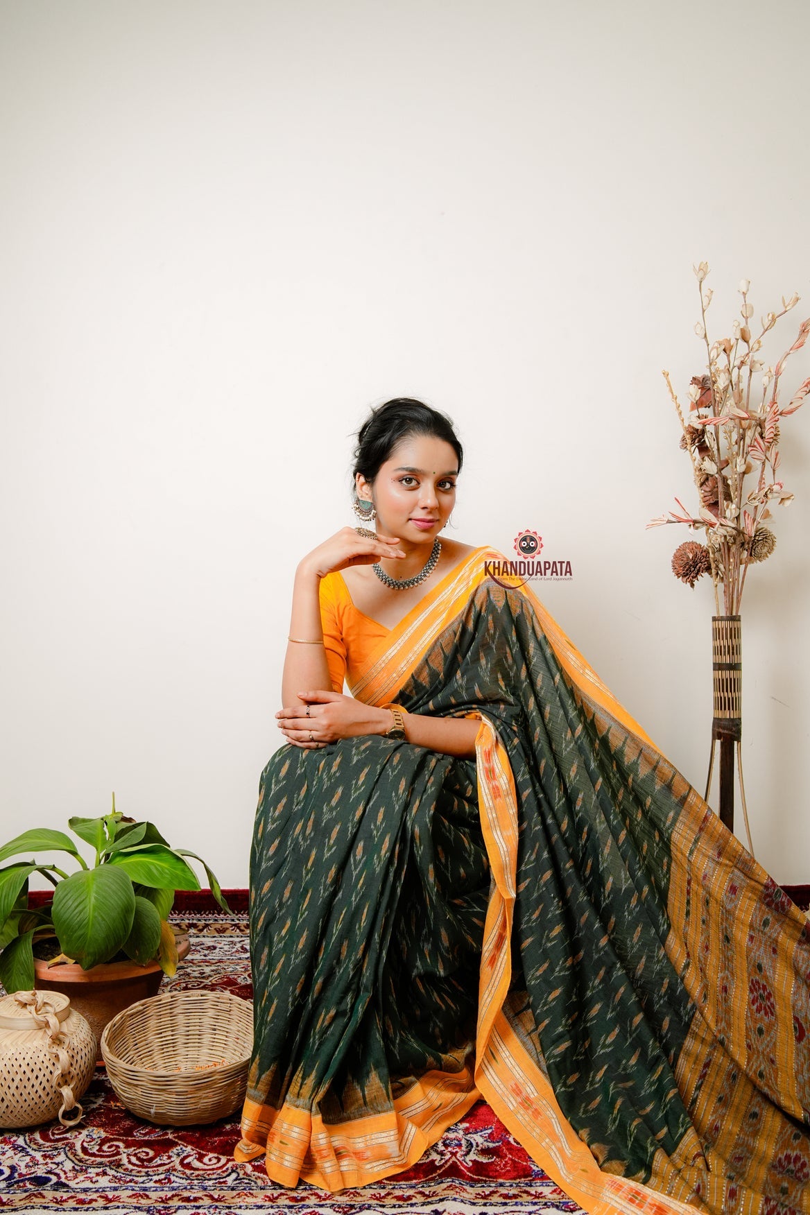 Yellow & Mehndi Design Cotton Saree For Women