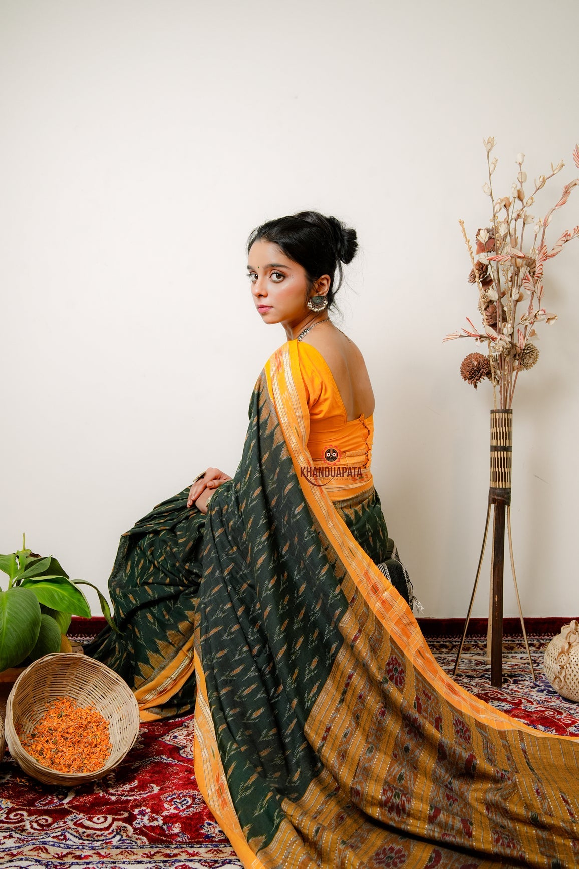 Yellow & Mehndi Design Cotton Saree For Women