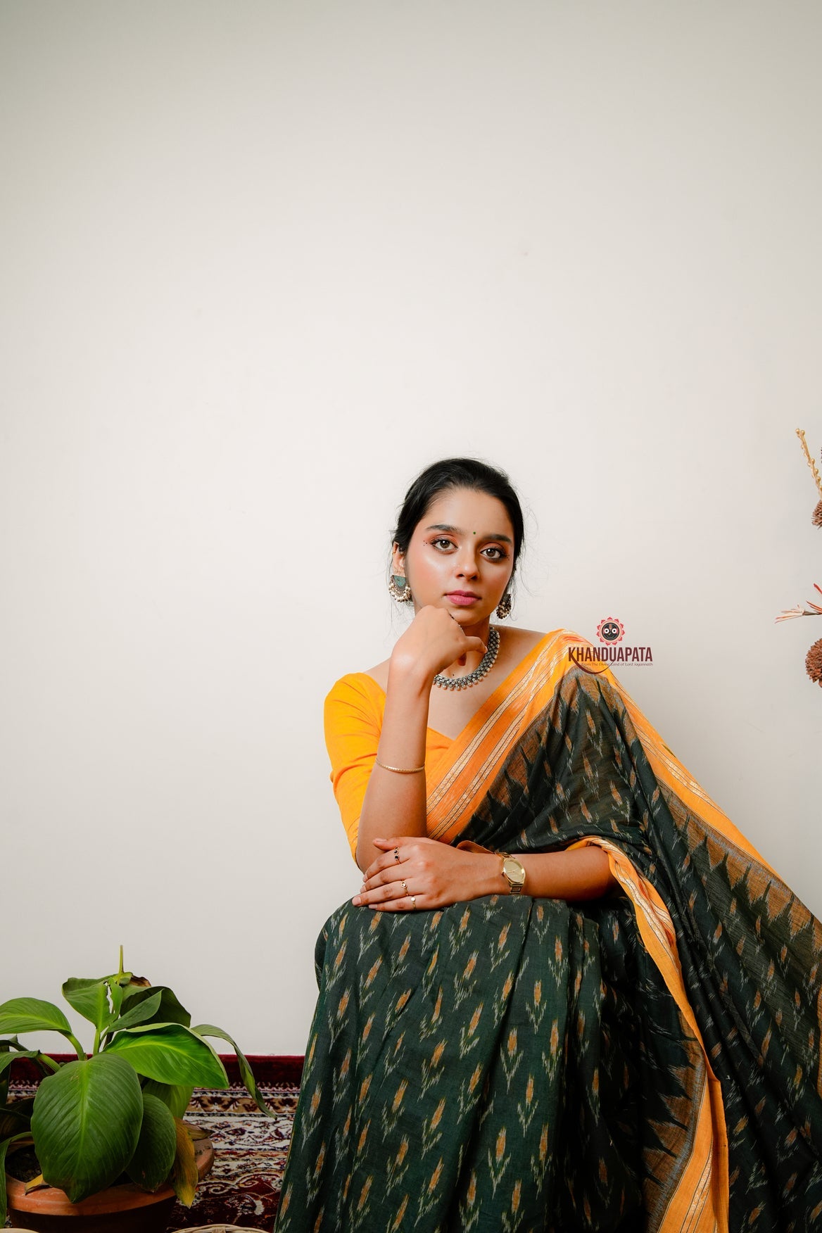 Yellow & Mehndi Design Cotton Saree For Women