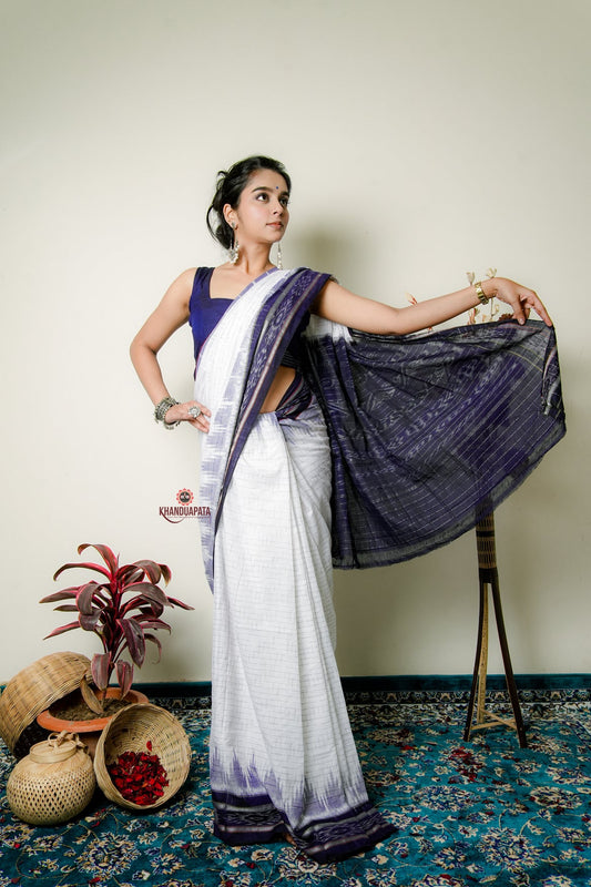 White Check Design Cotton Saree For Women