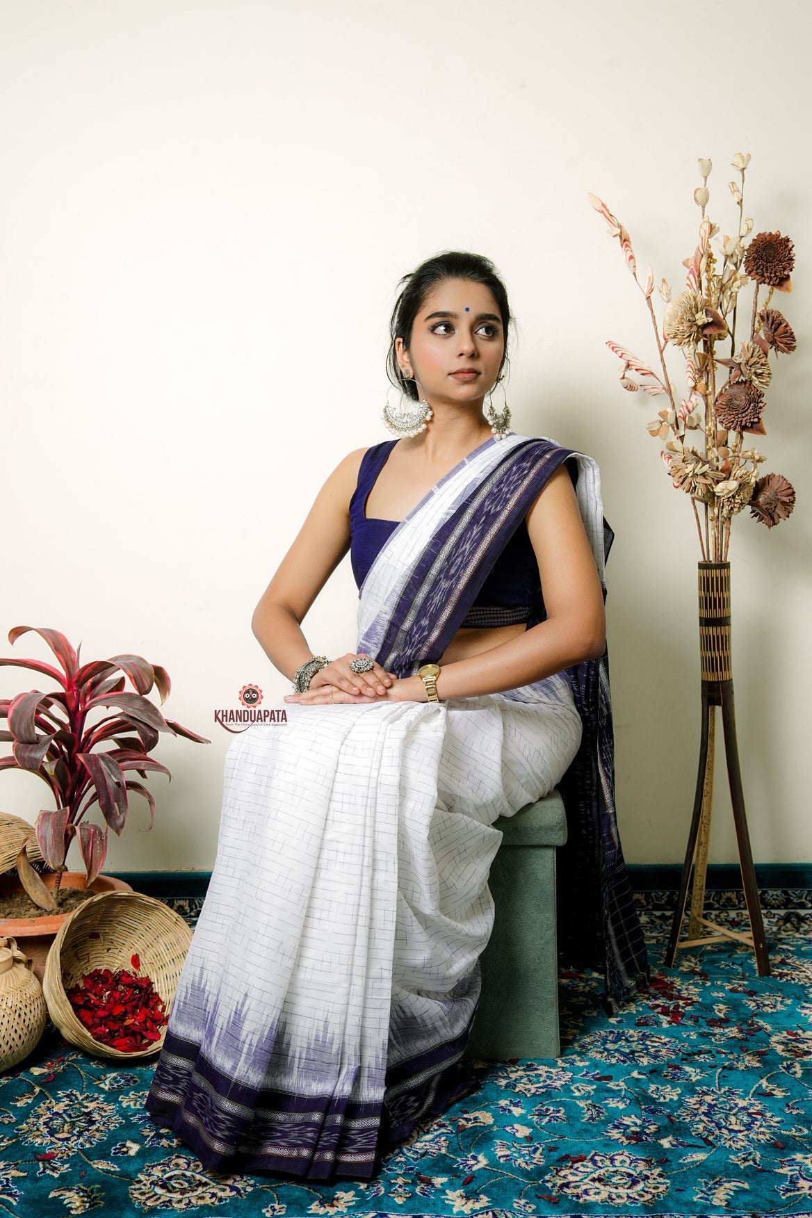 White Check Design Cotton Saree For Women