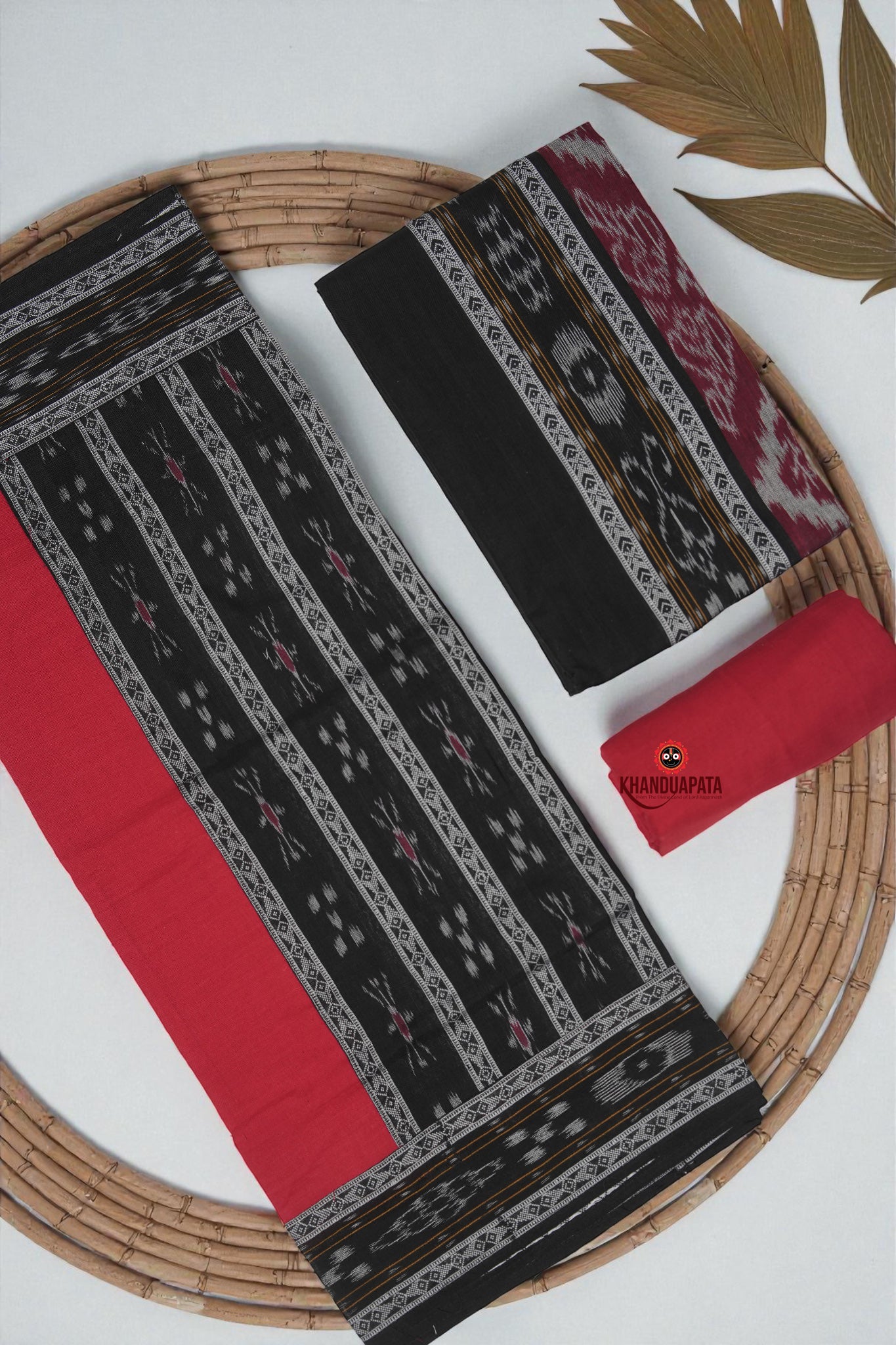 Red & Black Fish Design Unstitched Cotton Suit For Women