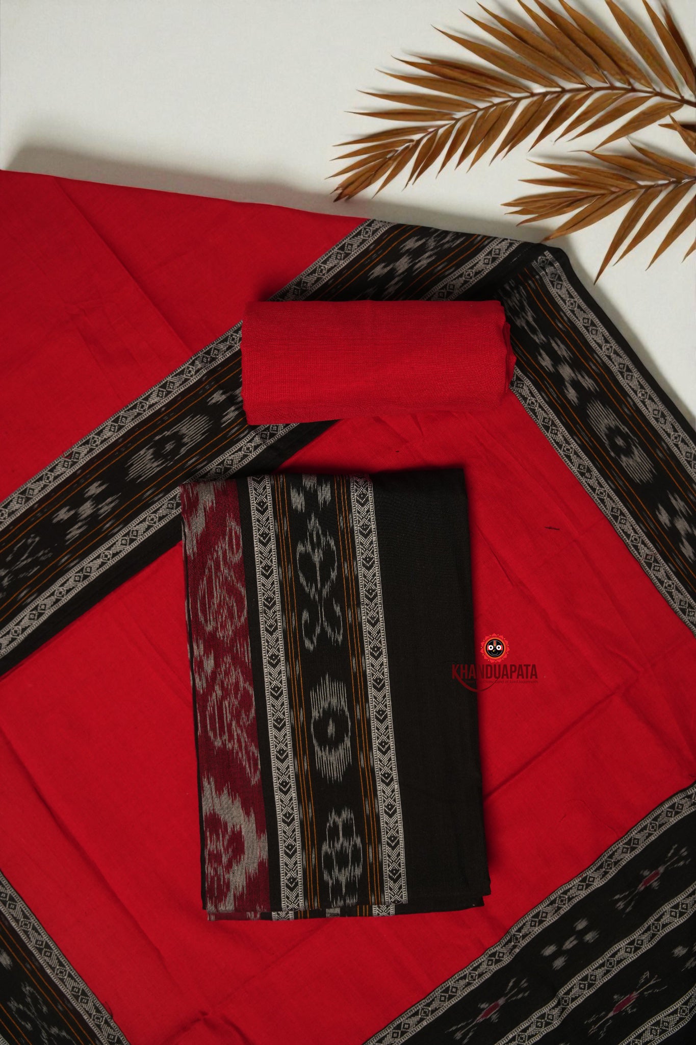Red & Black Fish Design Unstitched Cotton Suit For Women