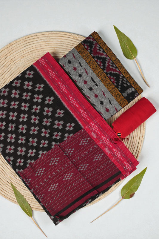 Red & Gray Fish Design Unstitched Cotton Suit For Women