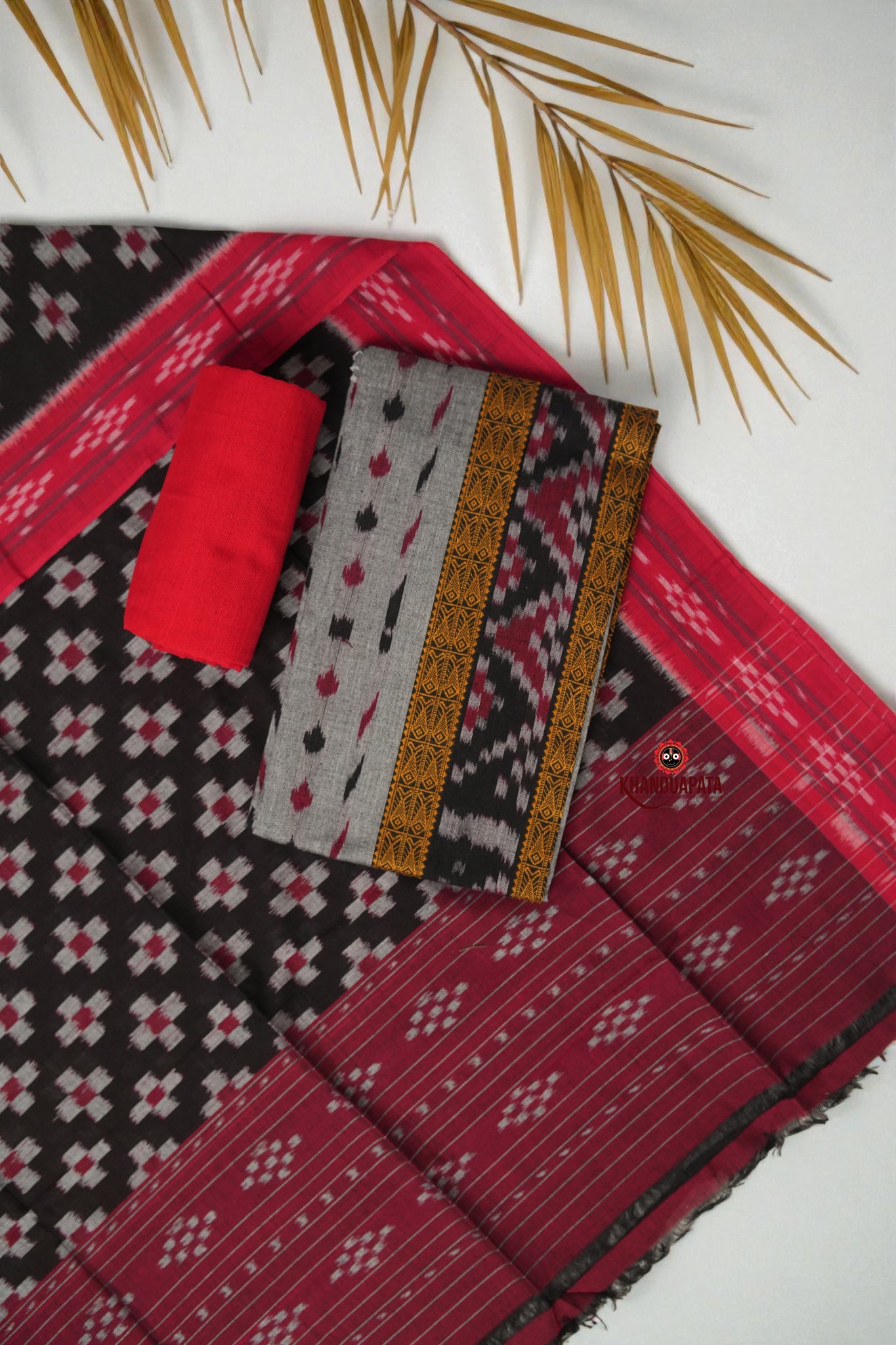 Red & Gray Fish Design Unstitched Cotton Suit For Women