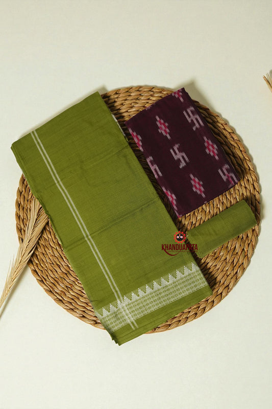 Maroon & Olive Green Swastik Design Unstitched Cotton Suit For Women