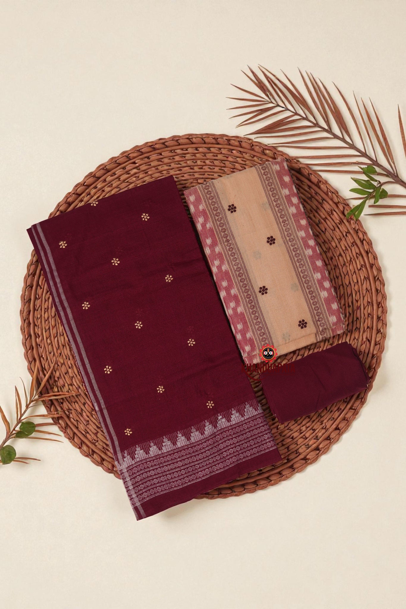 Beige & Maroon Small Flower Design Unstitched Cotton Suit For Women