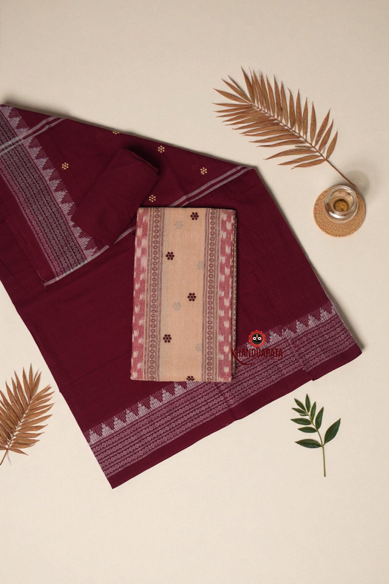 Beige & Maroon Small Flower Design Unstitched Cotton Suit For Women