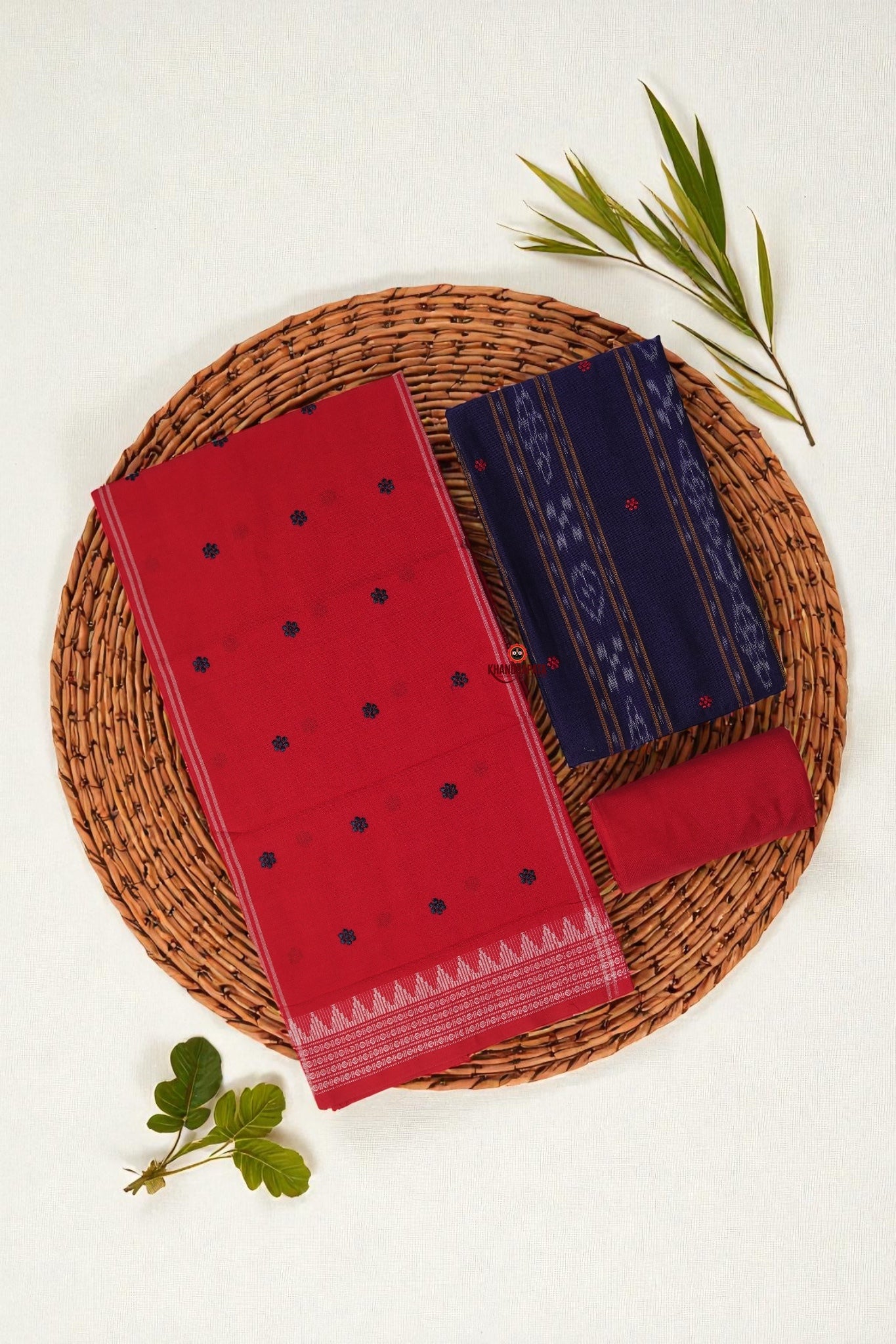 Dark Blue & Red Small Flower Design Unstitched Cotton Suit For Women