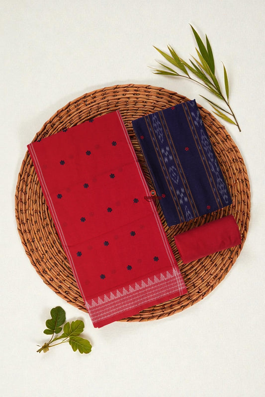 Dark Blue & Red Small Flower Design Unstitched Cotton Suit For Women