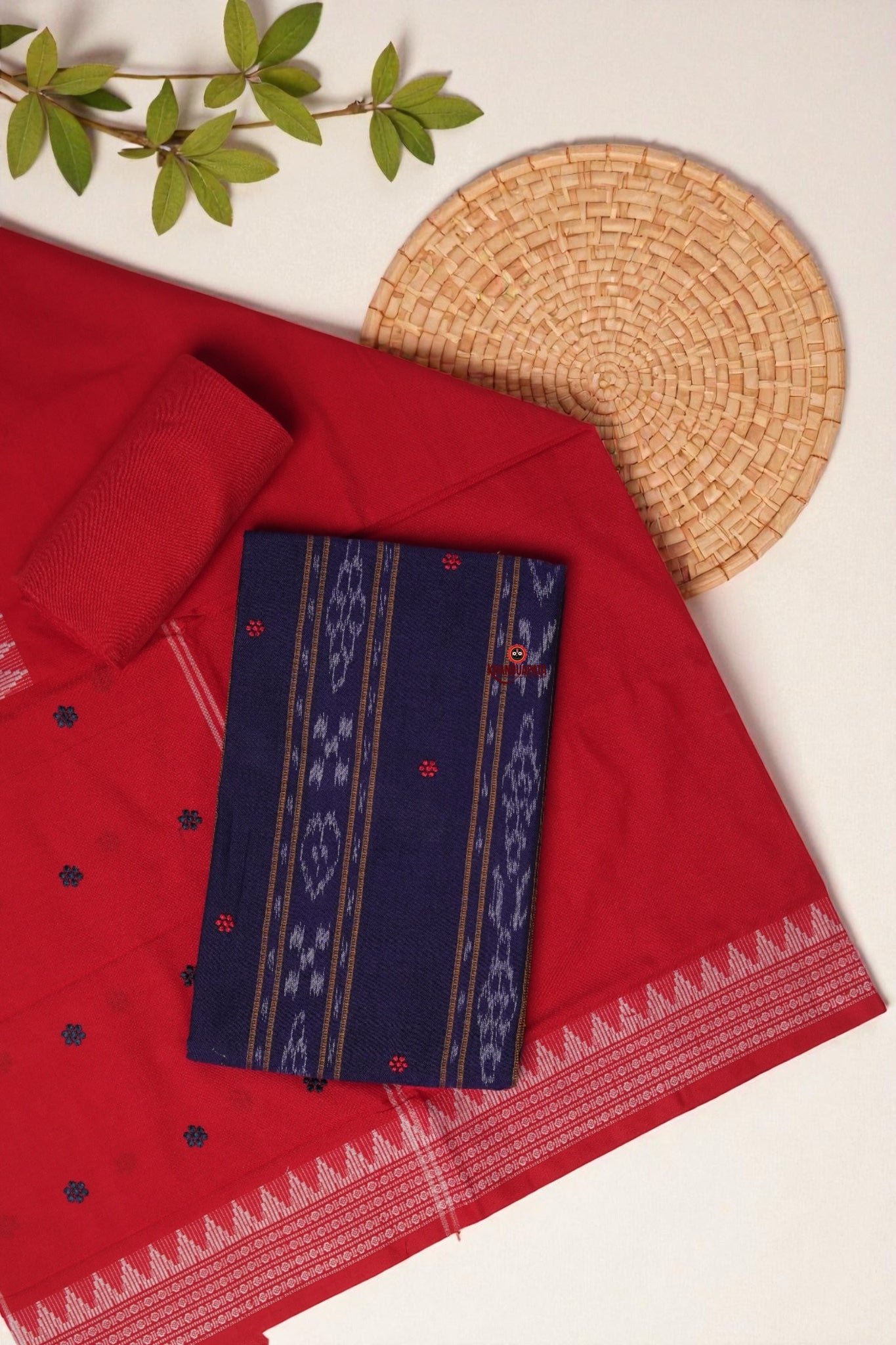 Dark Blue & Red Small Flower Design Unstitched Cotton Suit For Women