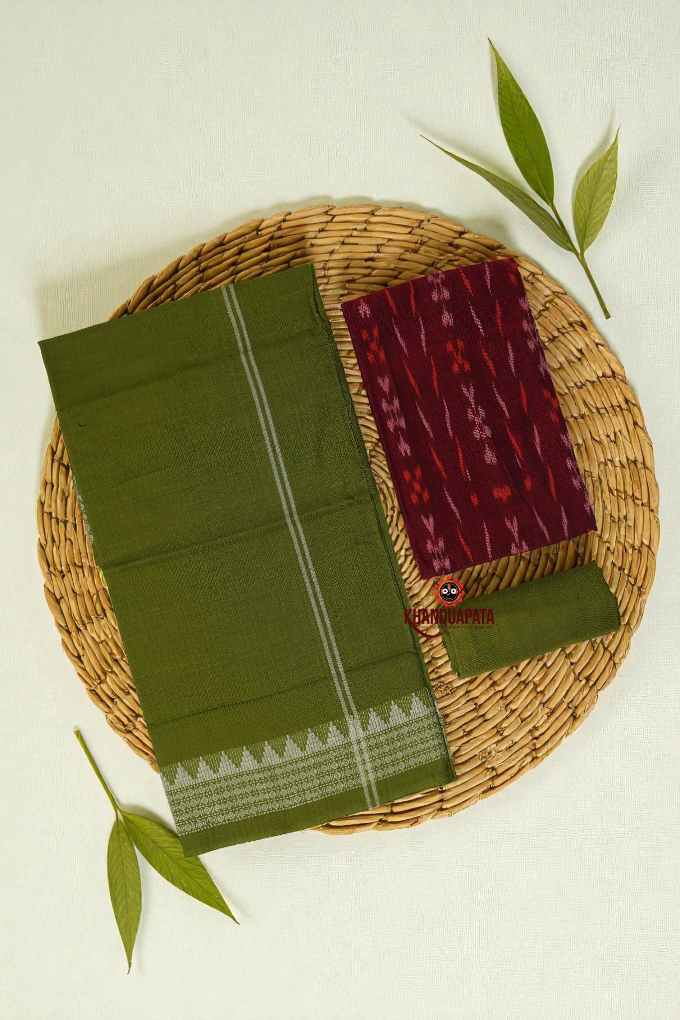 Maroon & Olive Green Flower Design Unstitched Cotton Suit For Women