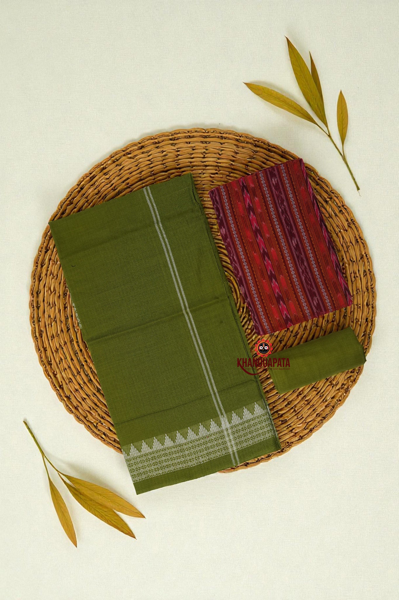 Maroon & Olive Green Arrow Design Unstitched Cotton Suit For Women