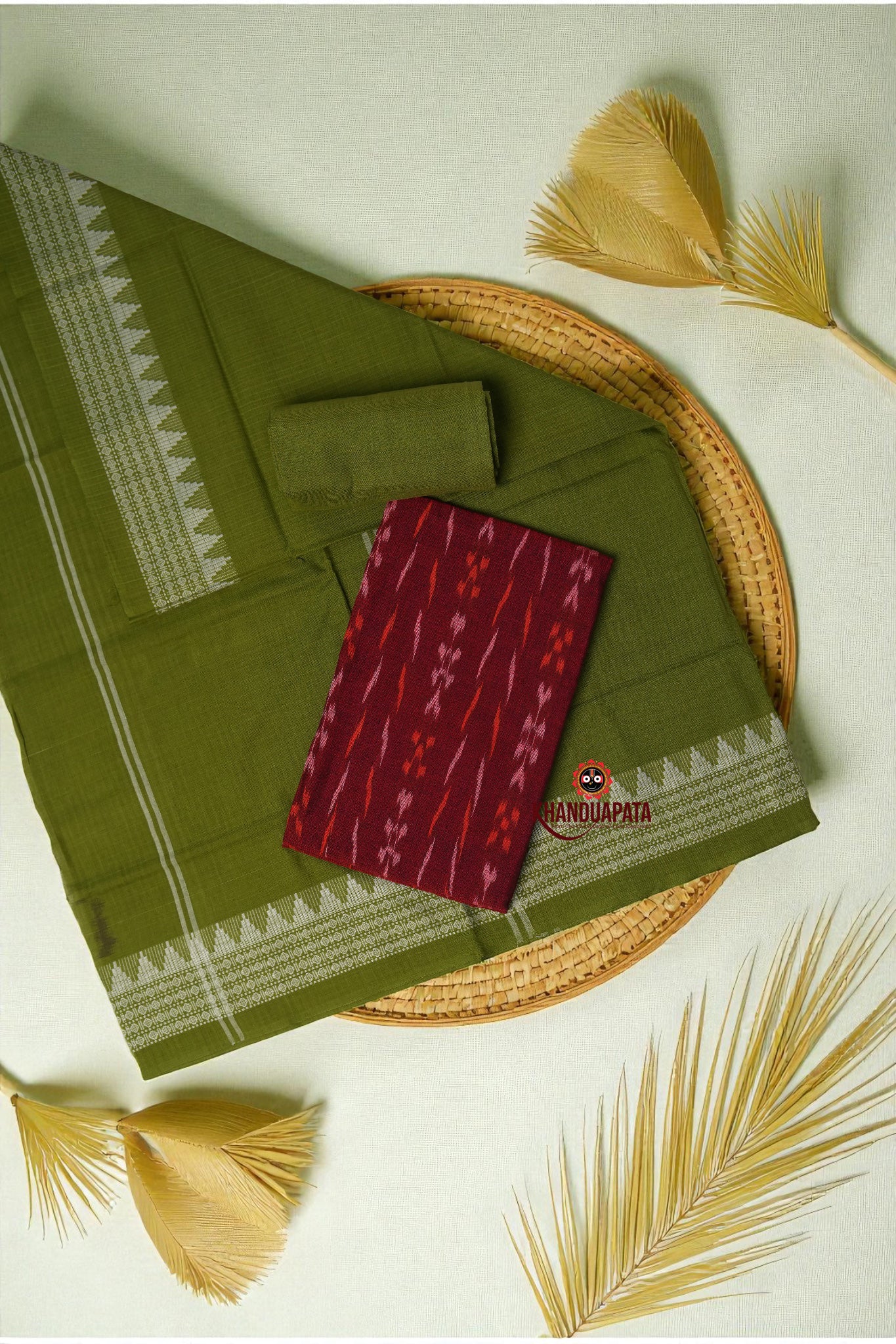 Maroon & Olive Green Flower Design Unstitched Cotton Suit For Women