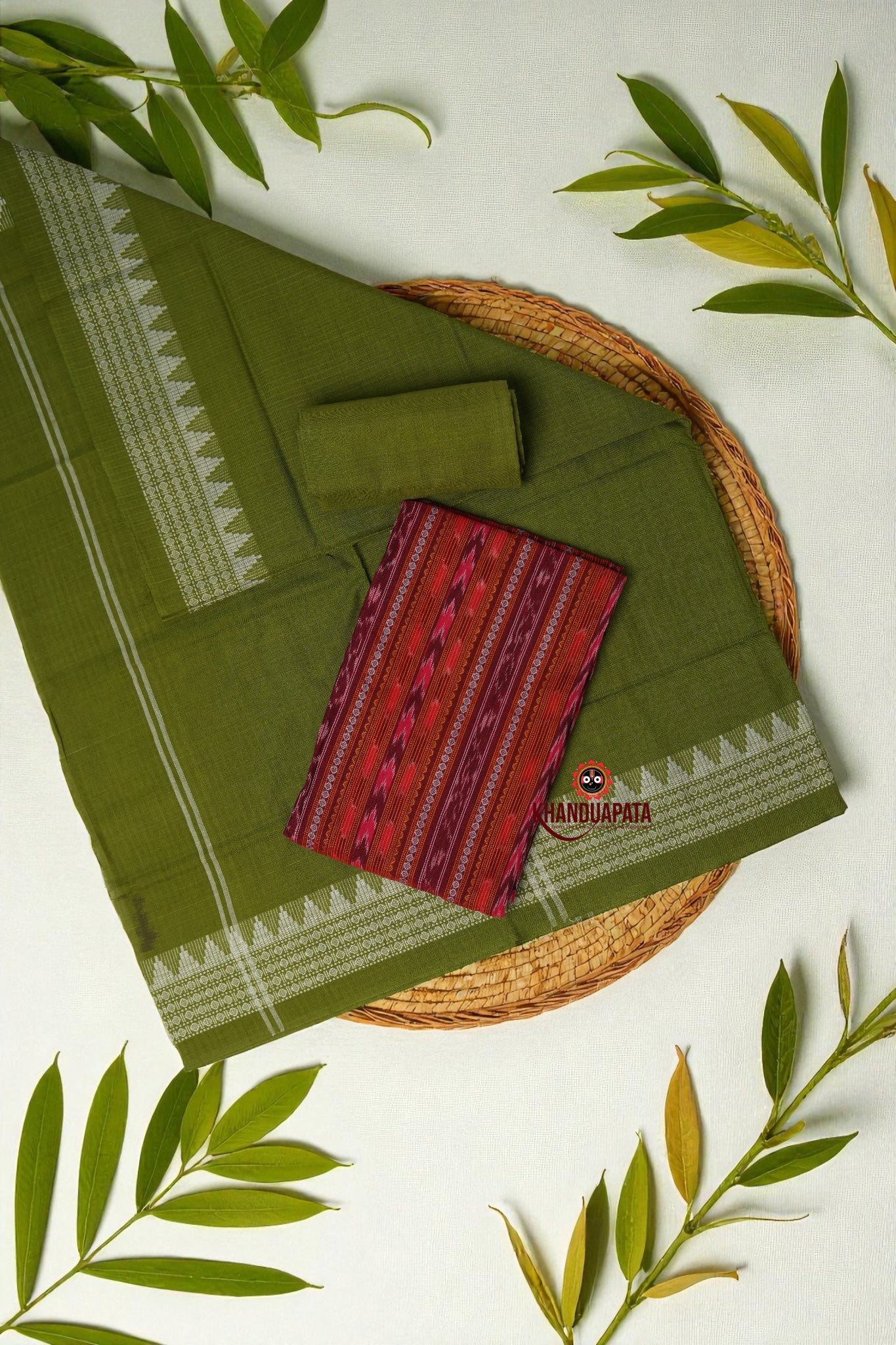 Maroon & Olive Green Arrow Design Unstitched Cotton Suit For Women