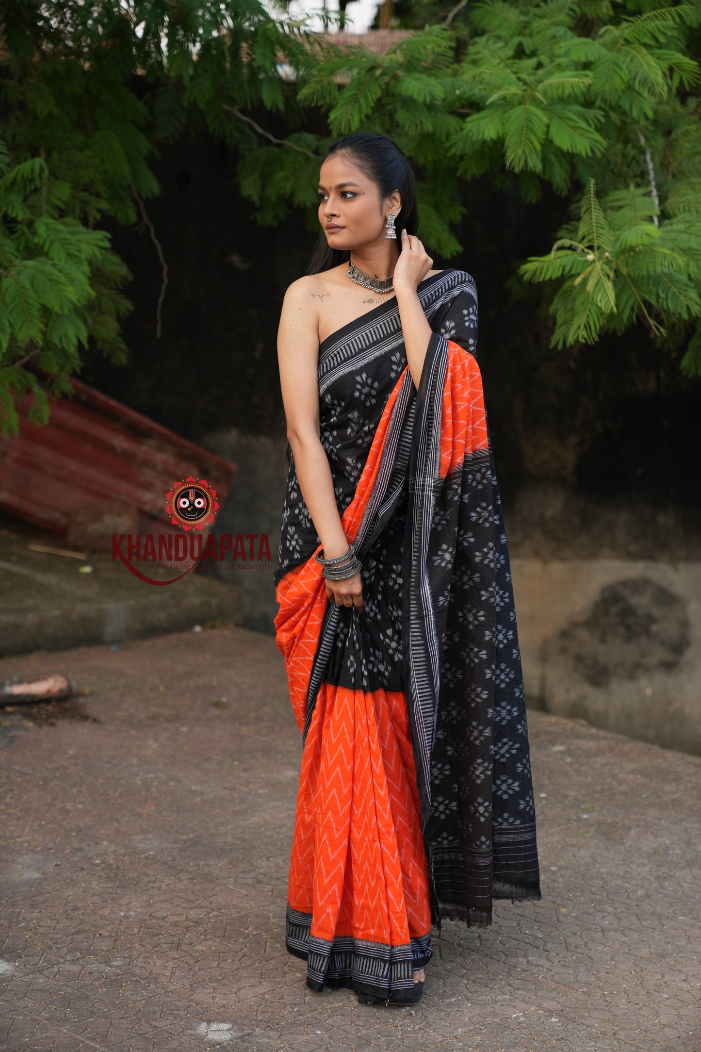Orange & Black Body Design Cotton Saree For Women