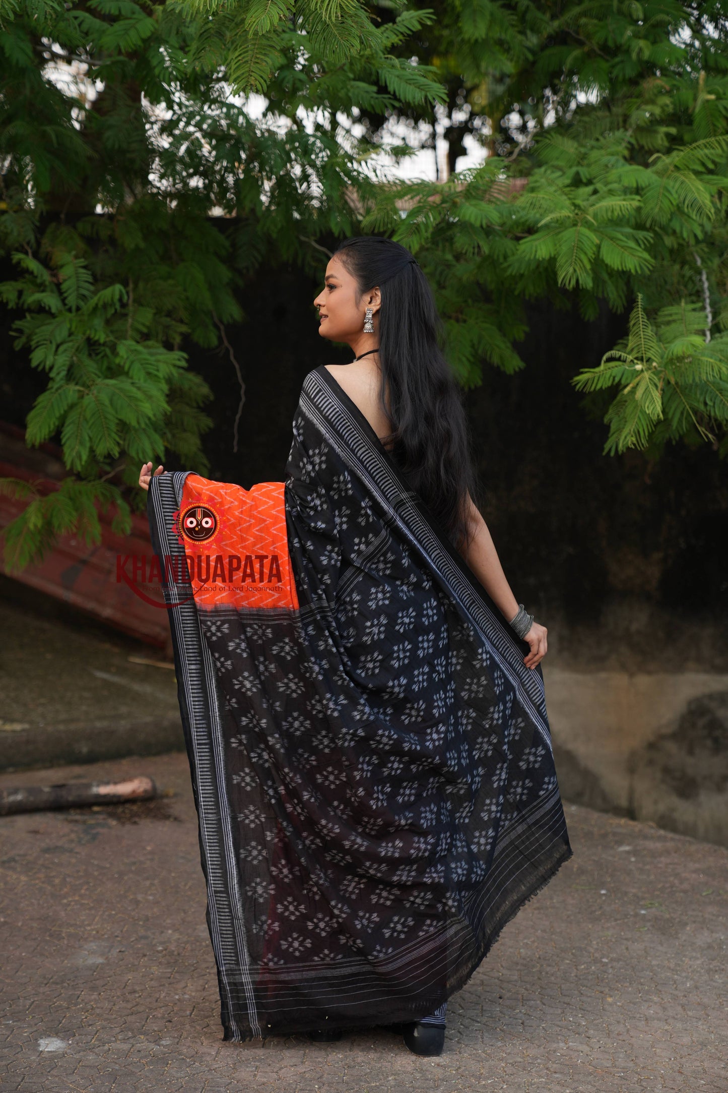 Orange & Black Body Design Cotton Saree For Women