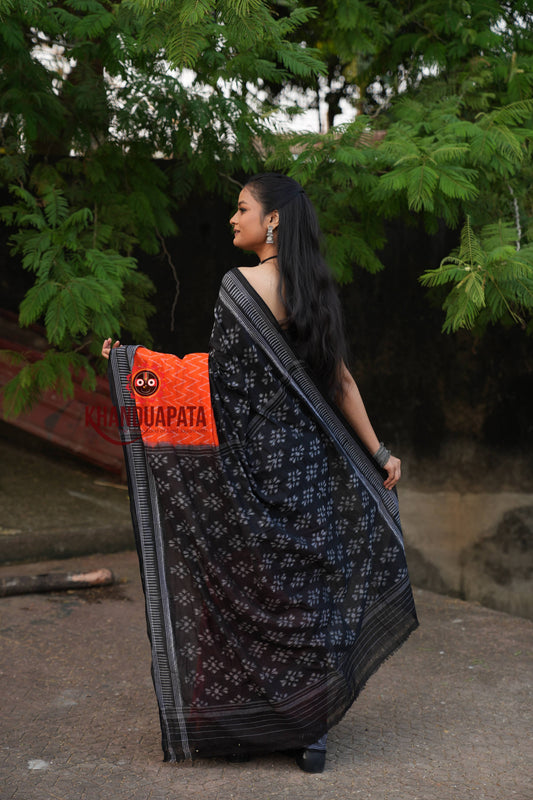 Orange & Black Body Design Cotton Saree For Women