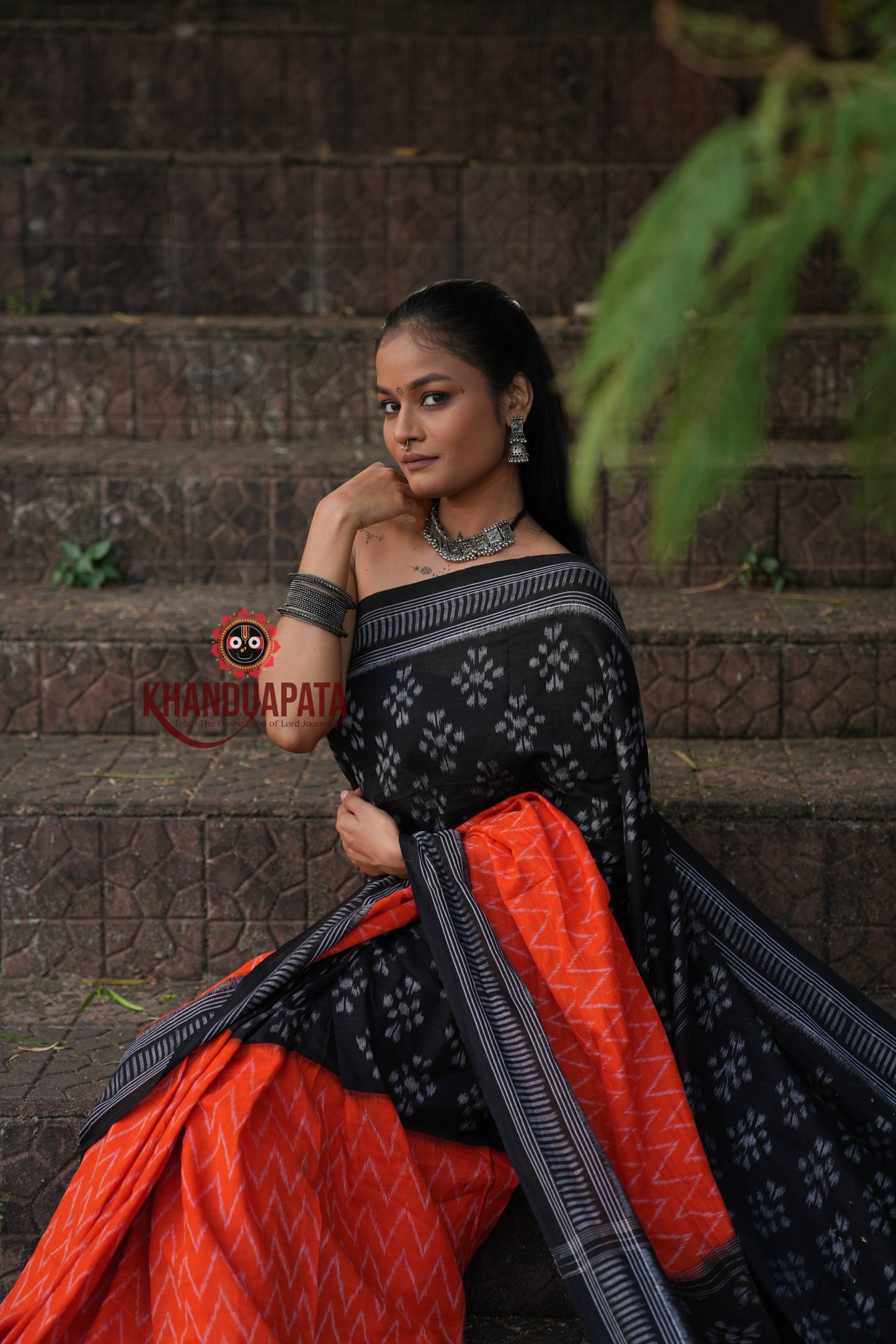 Orange & Black Body Design Cotton Saree For Women