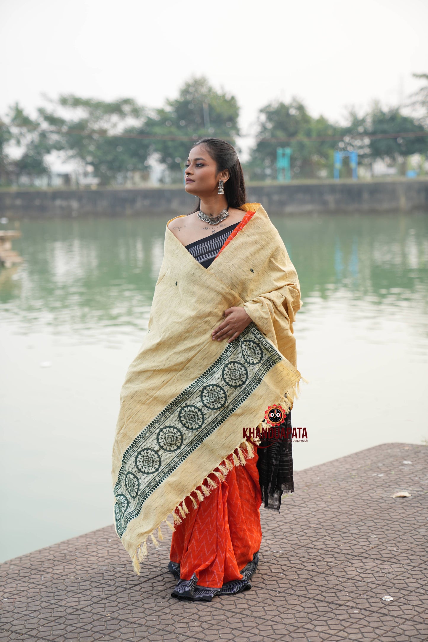 Beige & Dark Green Chakra Design Heritage Shawl For Winter For Women