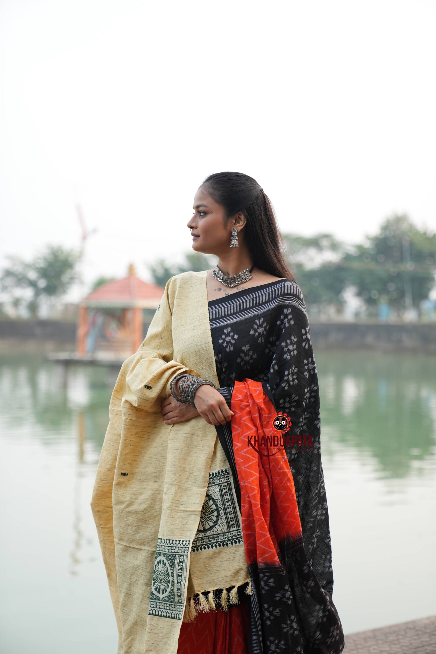 Beige & Dark Green Chakra Design Heritage Shawl For Winter For Women