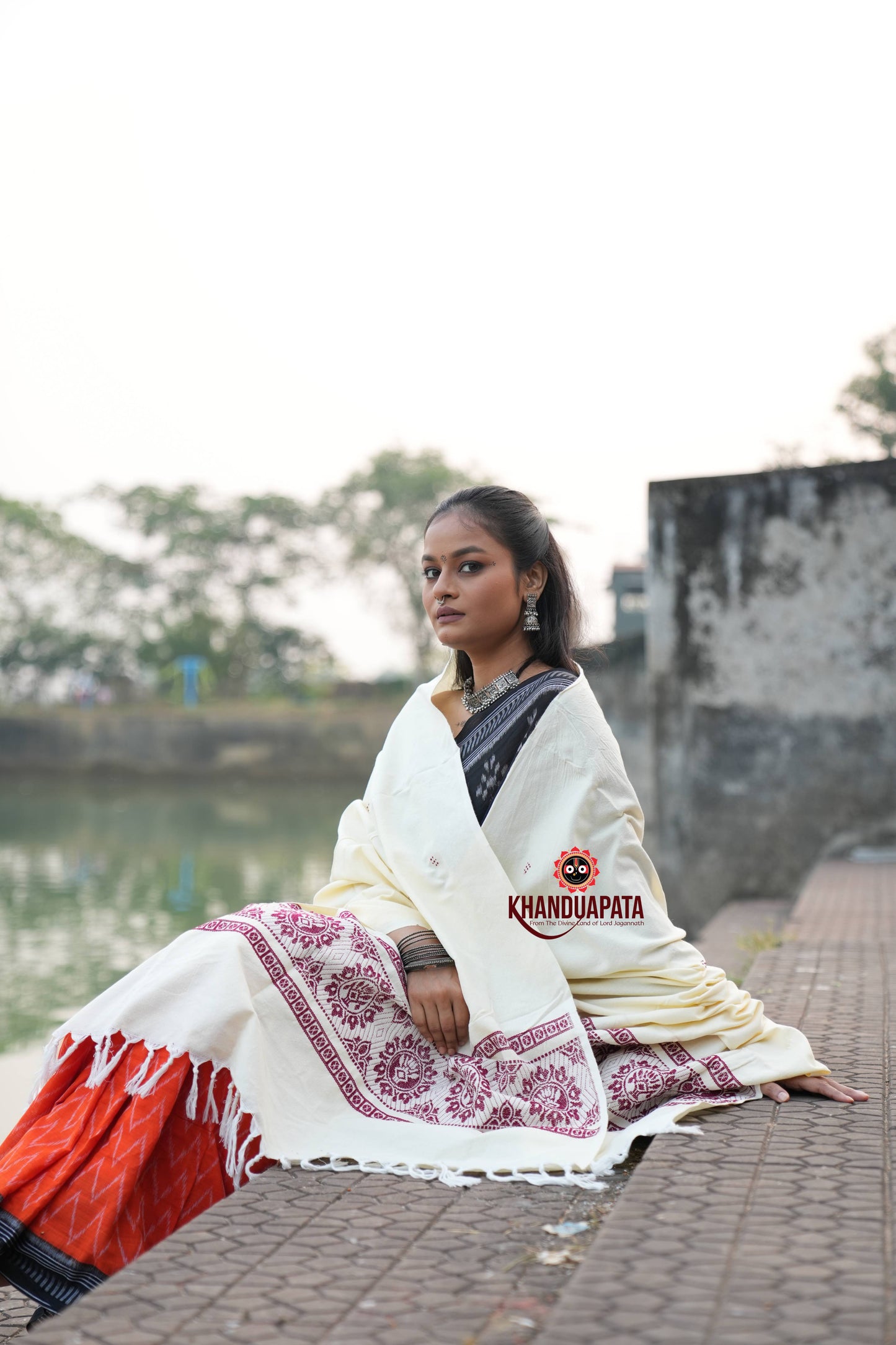 Off White & Dark Red Tree Design Heritage Shawl For Winter For Women