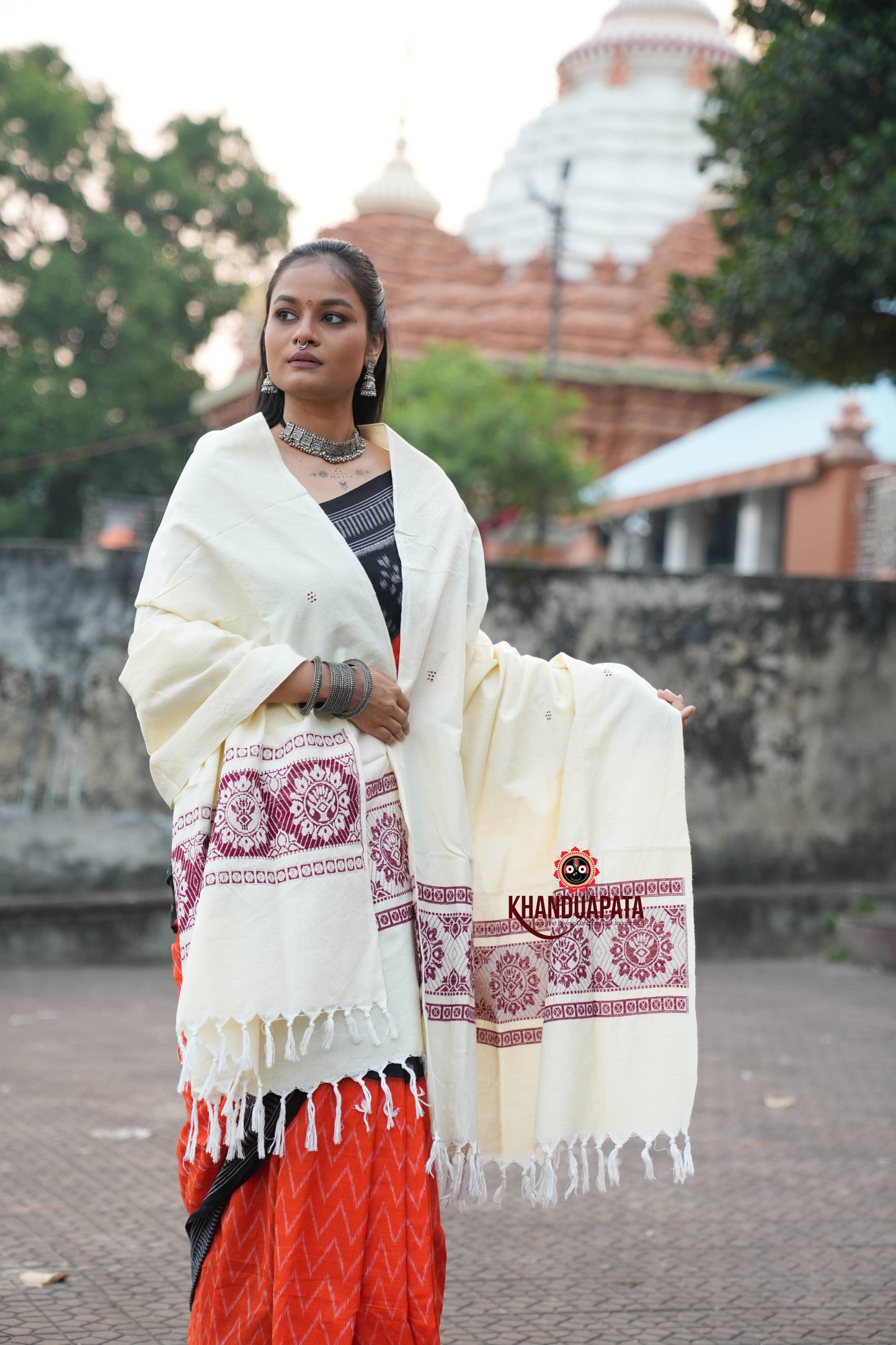 Off White & Dark Red Tree Design Heritage Shawl For Winter For Women