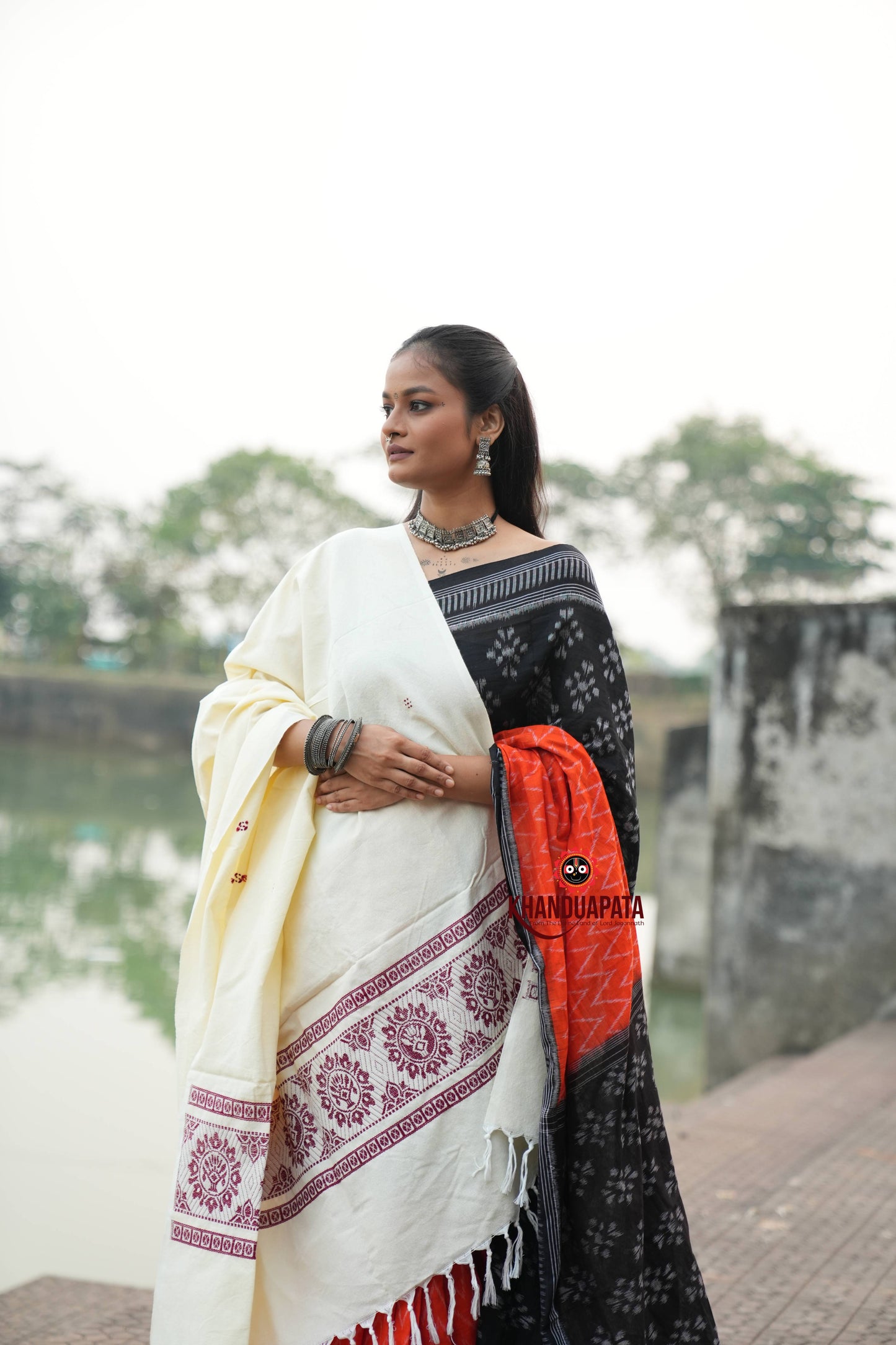 Off White & Dark Red Tree Design Heritage Shawl For Winter For Women