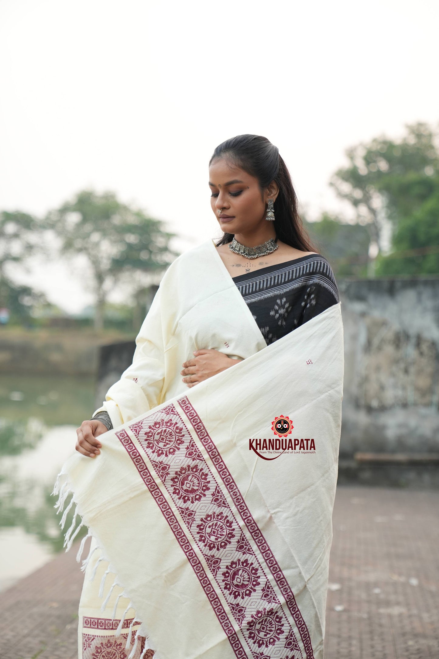 Off White & Dark Red Tree Design Heritage Shawl For Winter For Women
