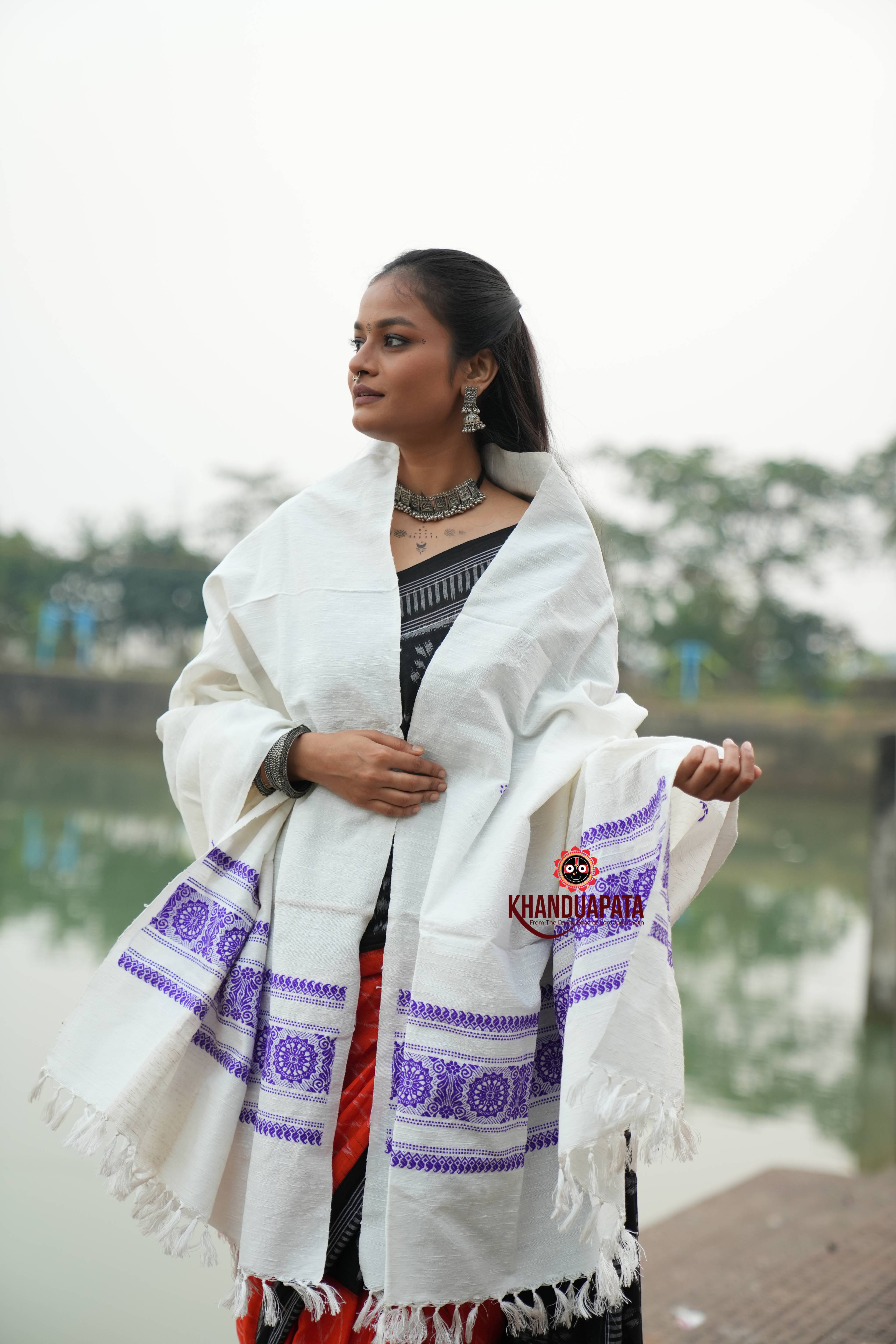 White & Blue Chakra Design Heritage Shawl For Winter For Women